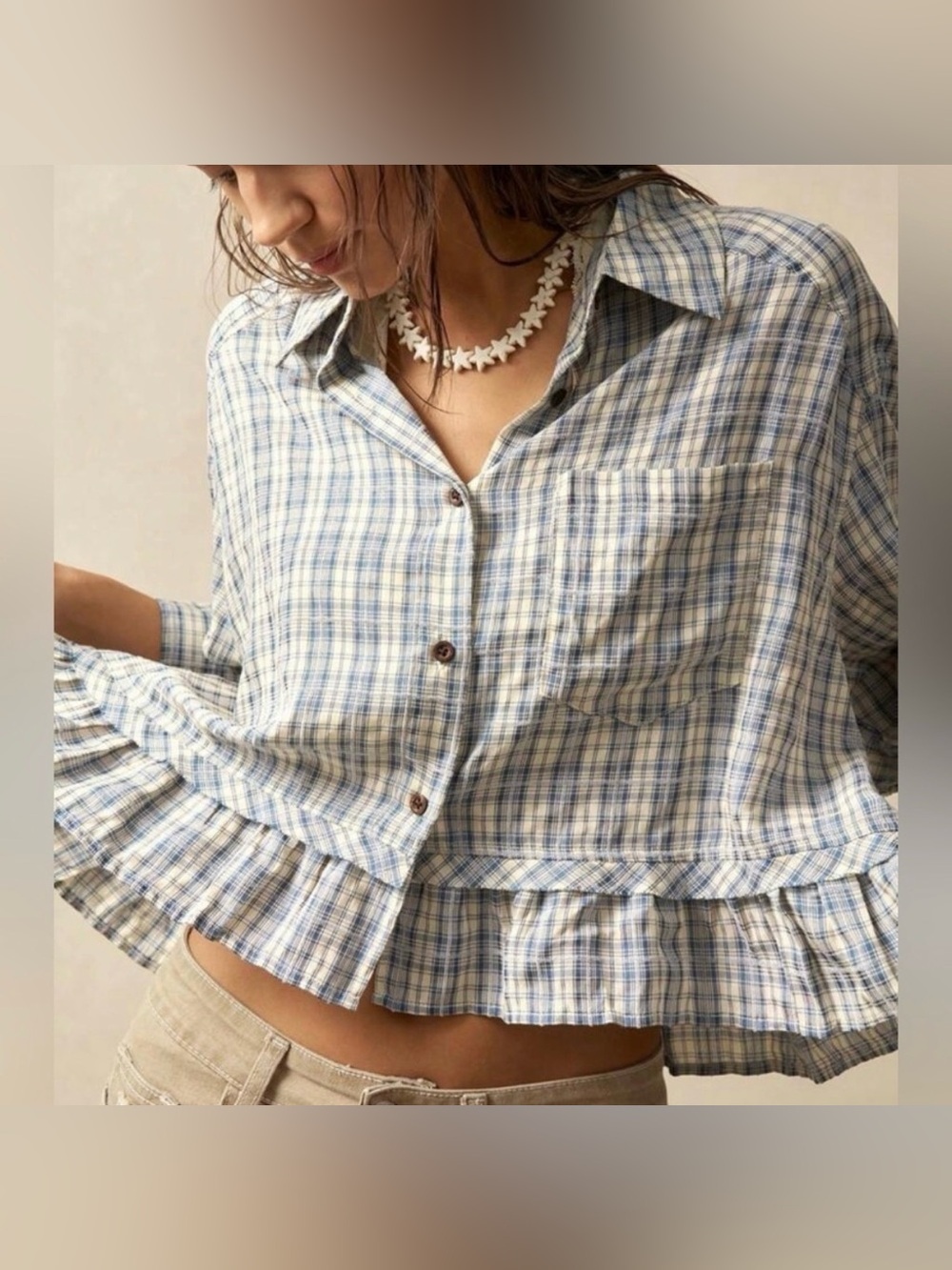 NWOT Women's Blue Plaid Ruffle Hem Button-Down Shirt / boxy cropped - Picture 1 of 9
